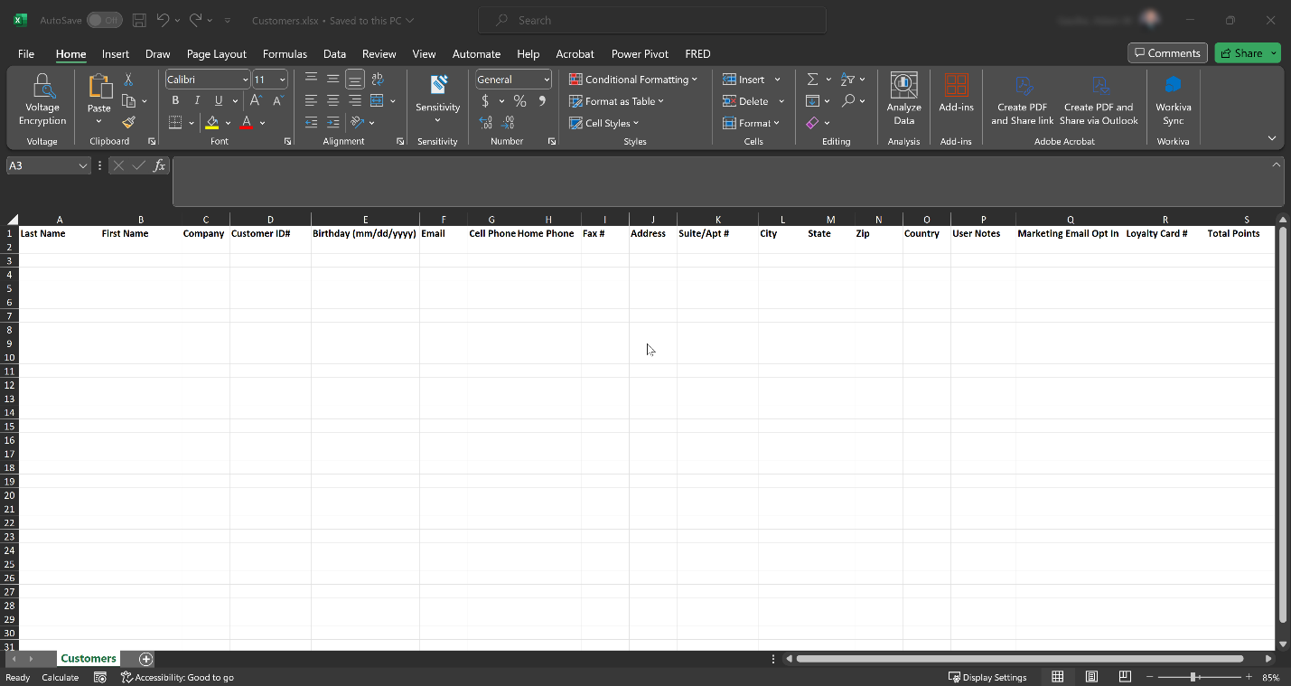 A screenshot of an Excel template