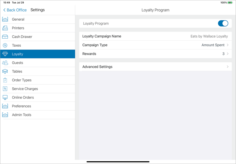 loyalty program toggled on with additional settings available.
