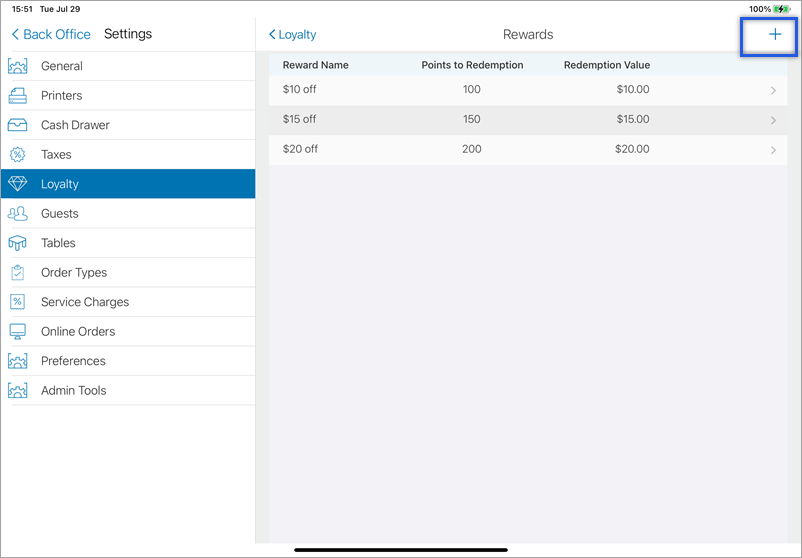 Loyalty settings in talech Register app with the add new button highlighted.