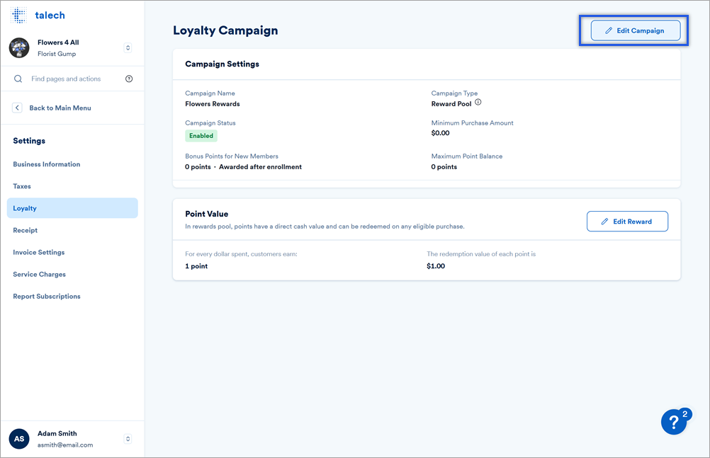 Loyalty campaign settings from talech.com.
