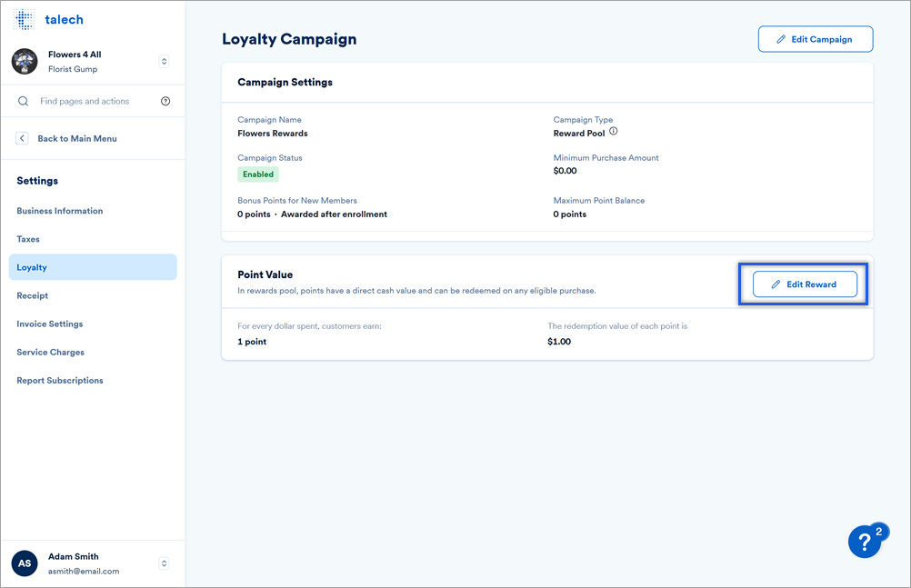 Loyalty point value settings.