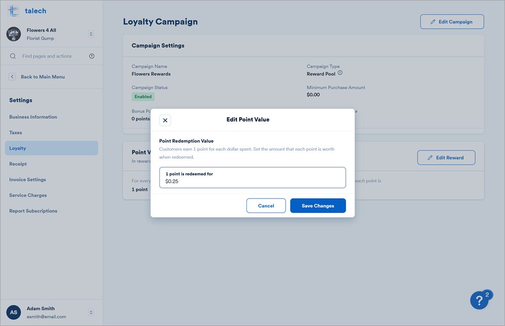 Edit loyalty point value screen.