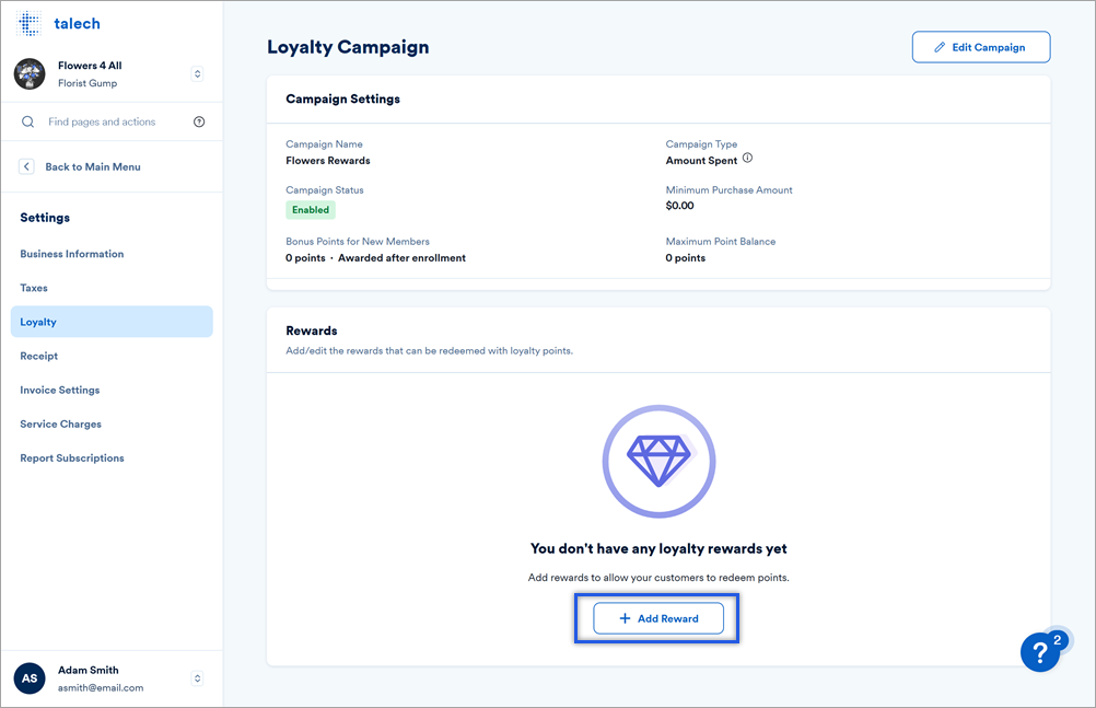 Rewards settings for loyalty campaign.