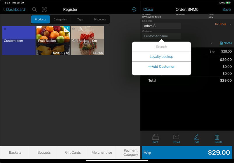 register screen with the add customer button highlighted.