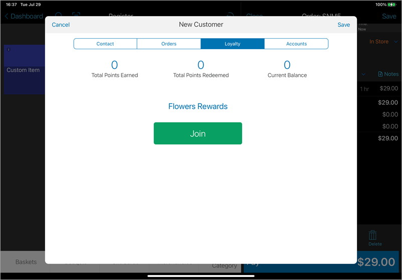 new customer screen with the loyalty tab selected and join button highlighted.