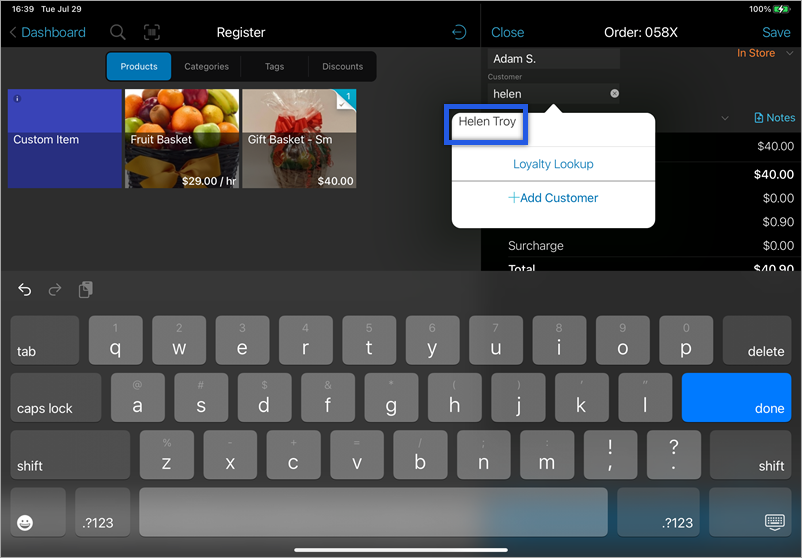 register screen with the customer field open and highlighted.