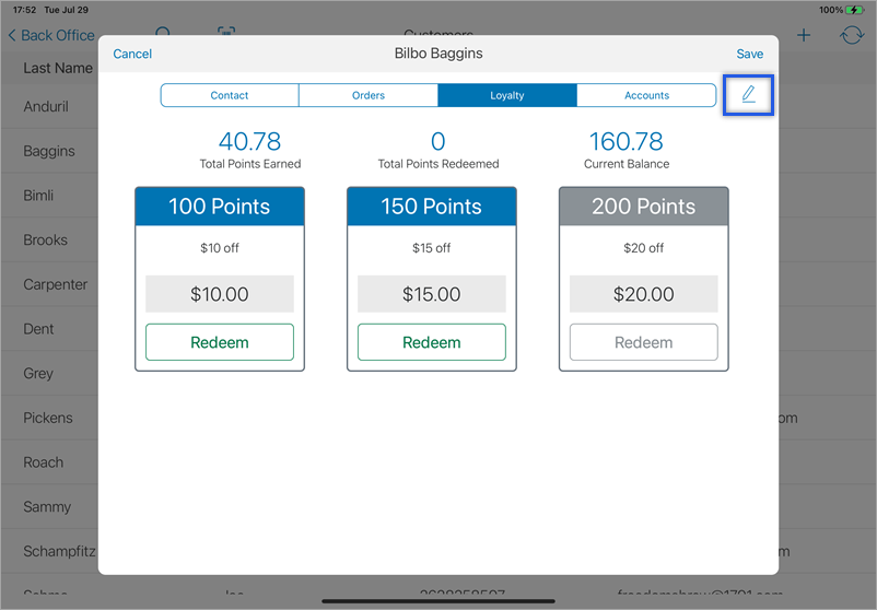 loyalty screen for a customer.