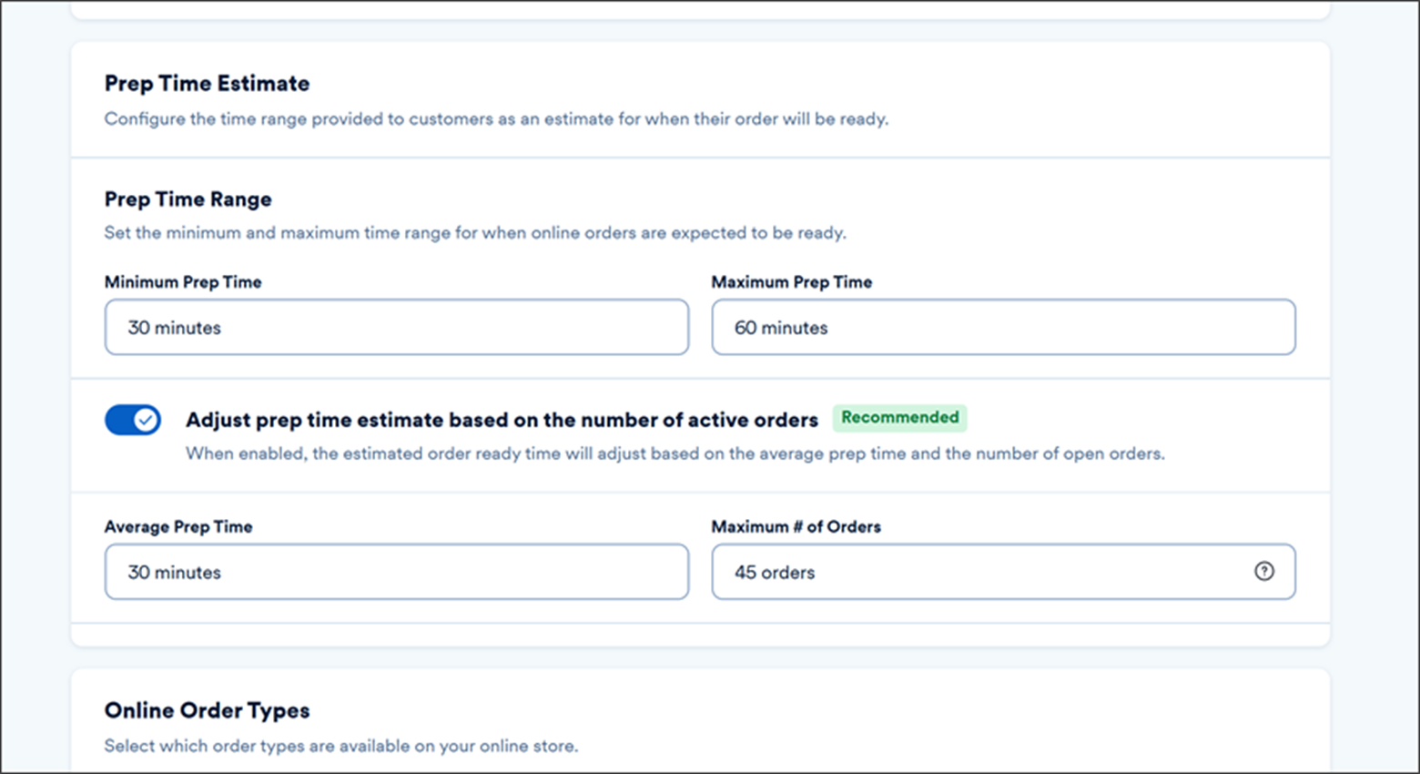 order preparation time settings