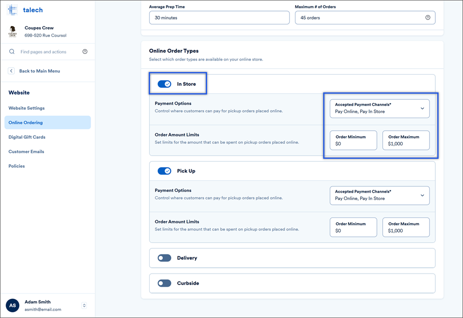 online ordering settings page with order types