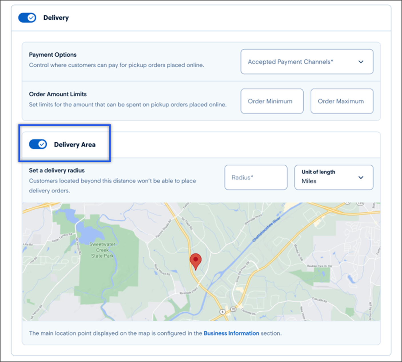 Delivery area settings for delivery order type