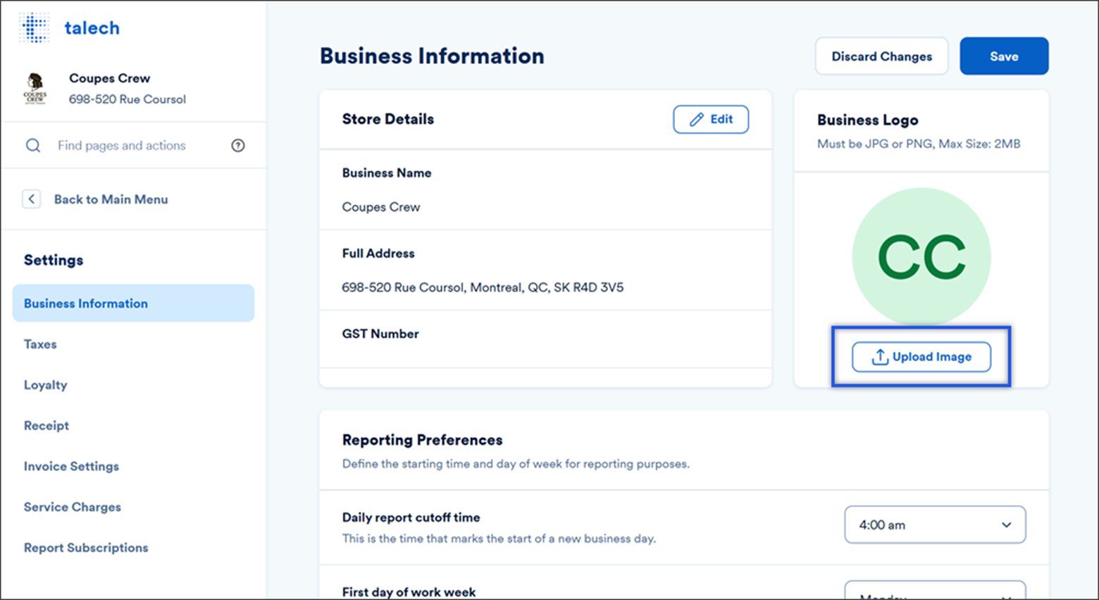 business information settings with logo options highlighted