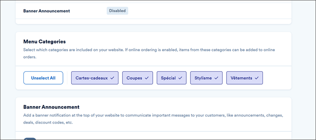 options for selecting categories to display on the website