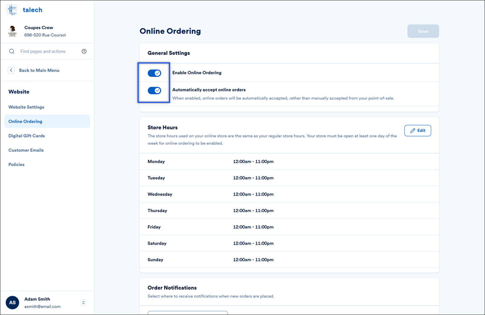 Online ordering settings showing online ordering enabled