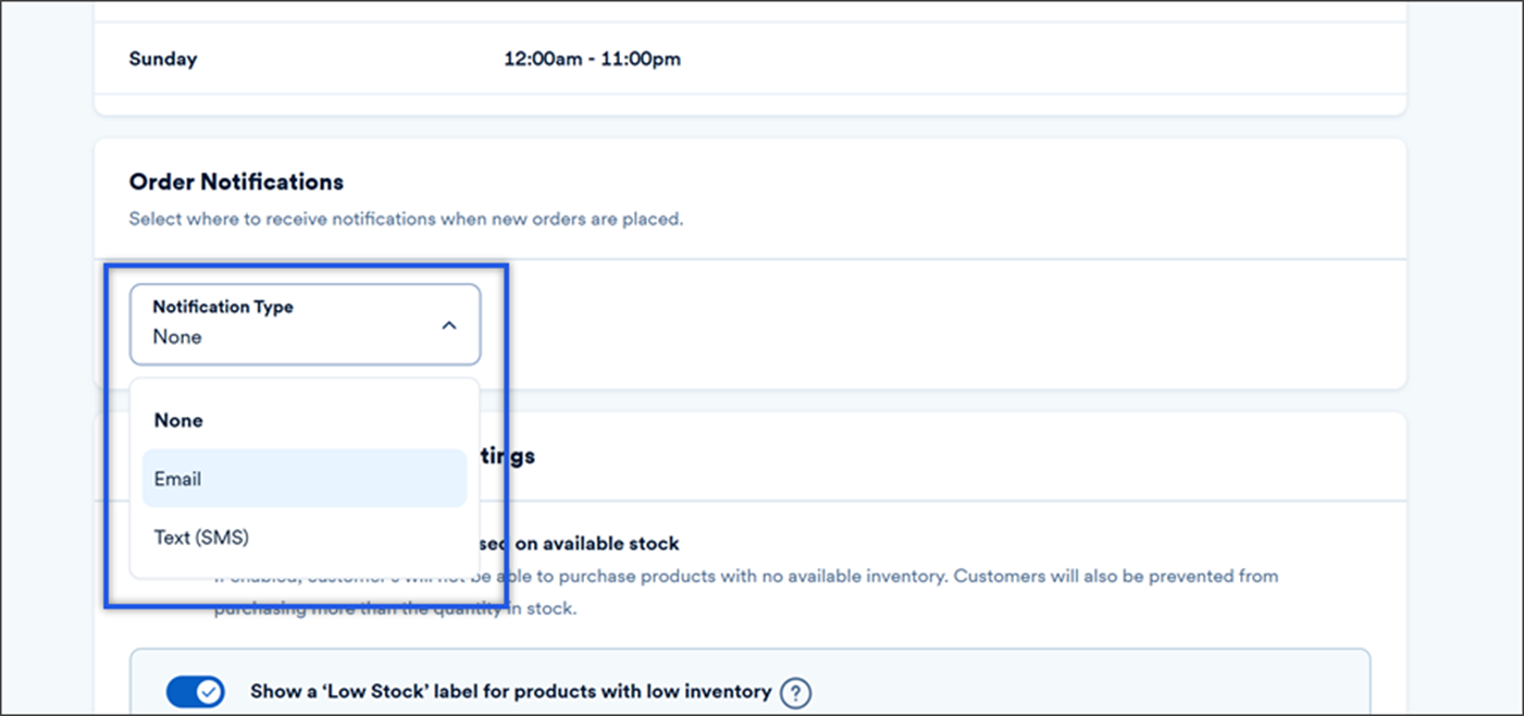 order notification options