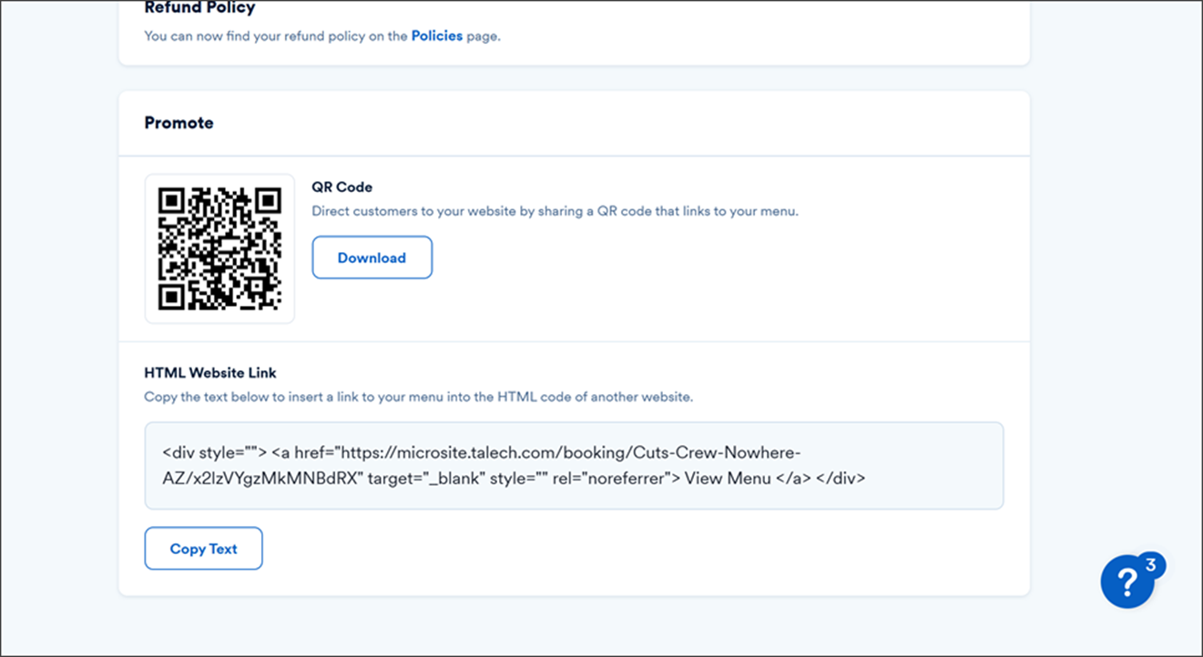 scannable code and html links for promoting the website