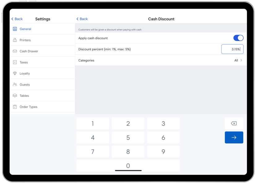 Cash discount options from settings.