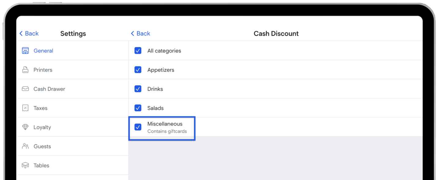 Cash discount options from settings.