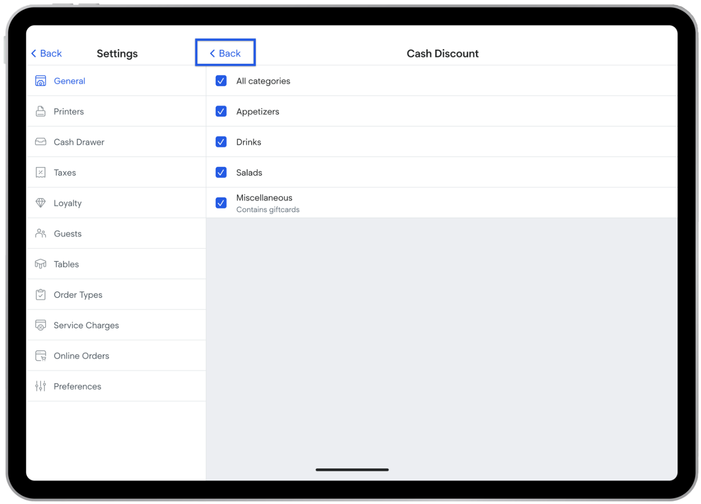 Cash discount options from settings.