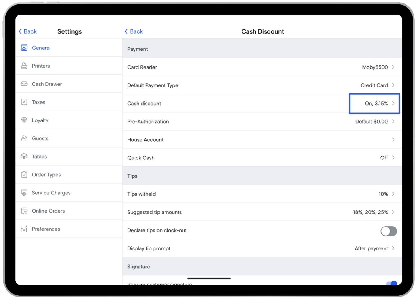 Cash discount option from the settings.