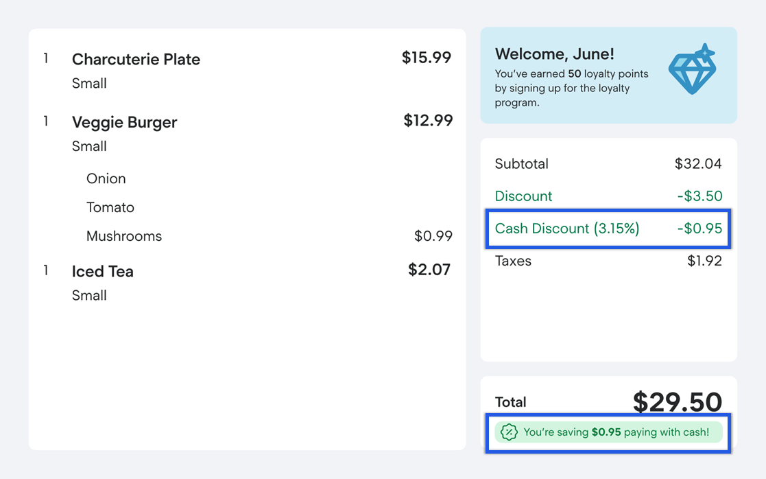 Customer facing display showing cash discount applied.
