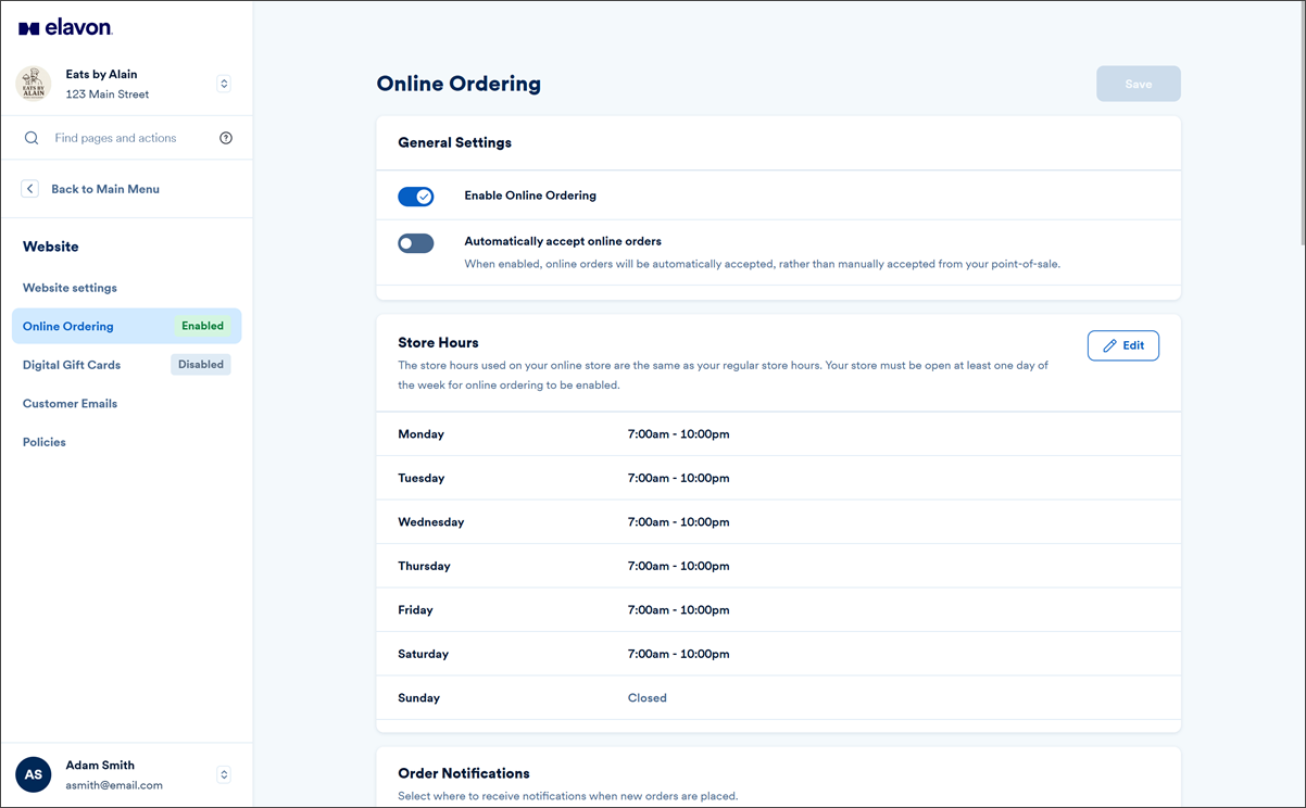 Online ordering general settings