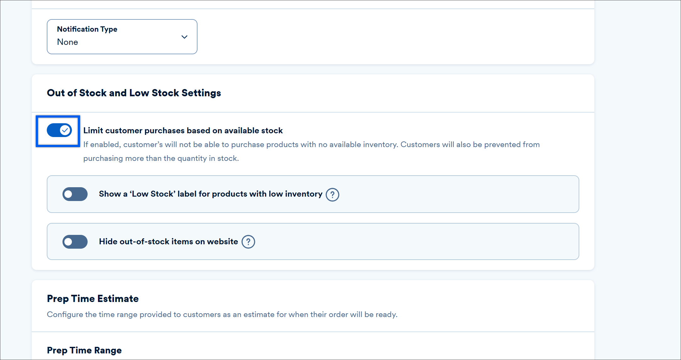 online ordering settings showing out of stock and low stock settings