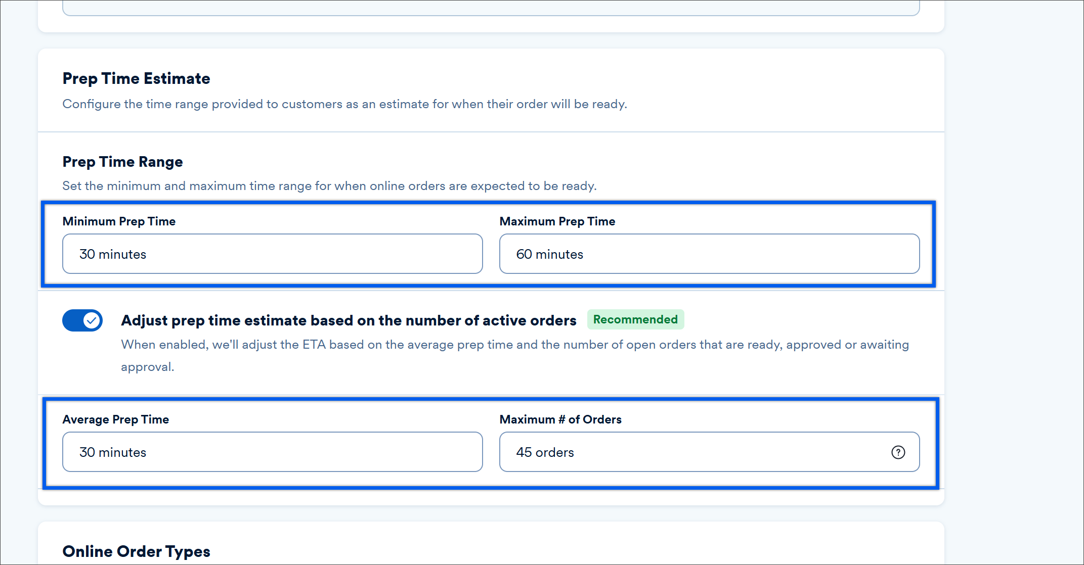 Online ordering prep time section