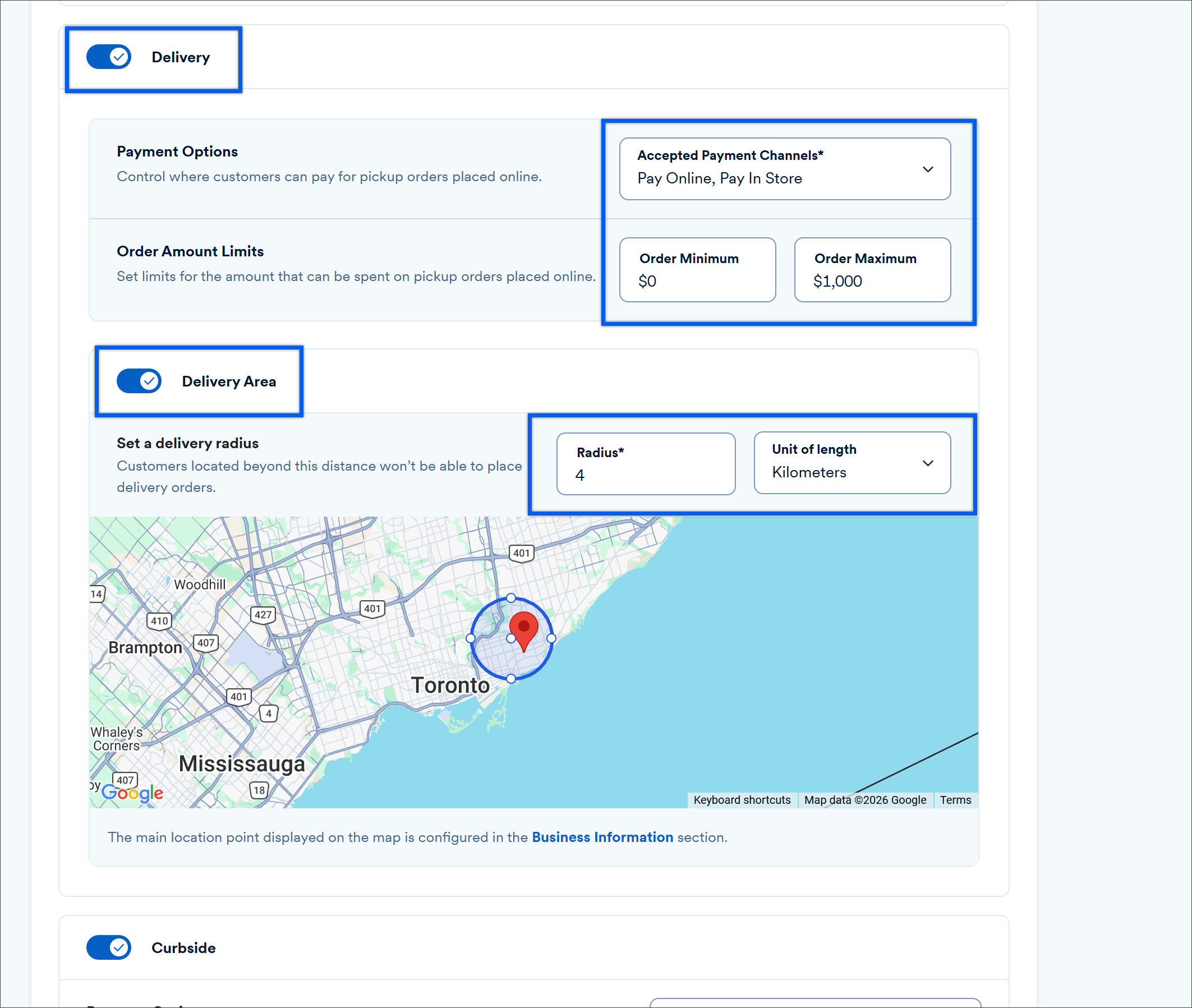 Online ordering order type section