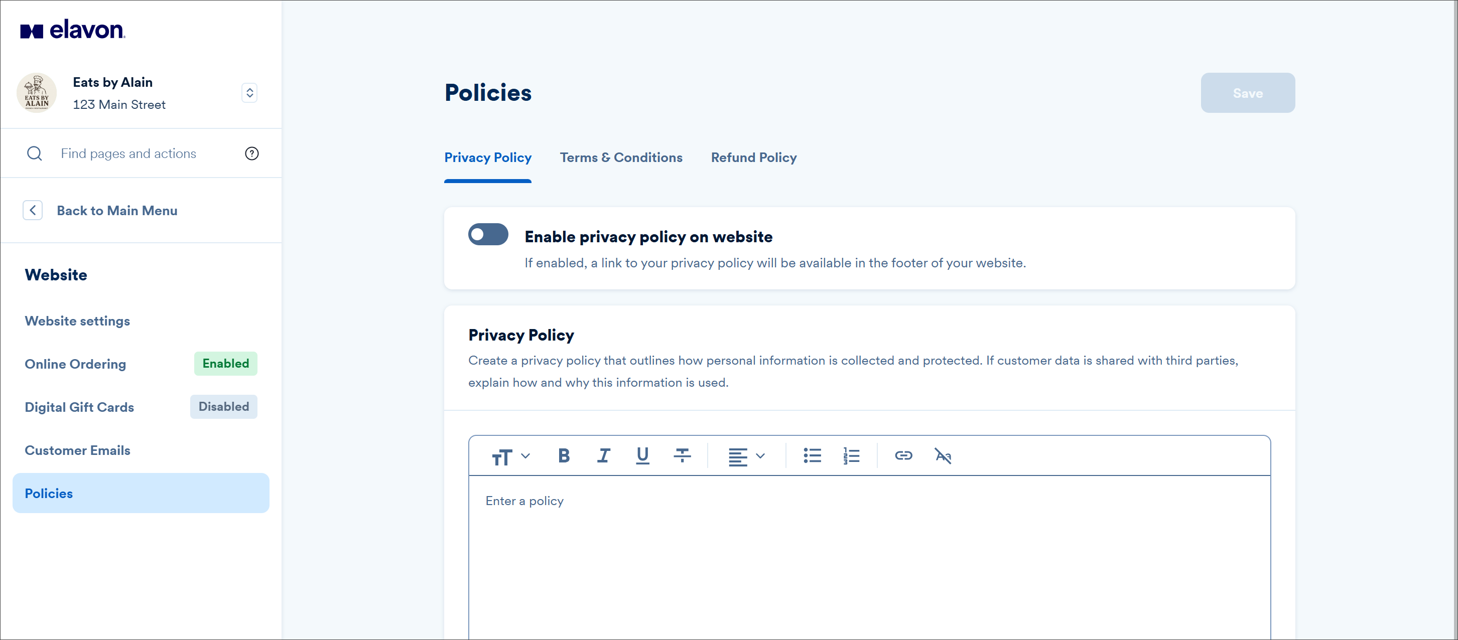 Policies customization page.
