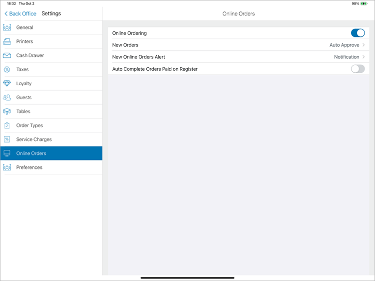 The online orders settings in register