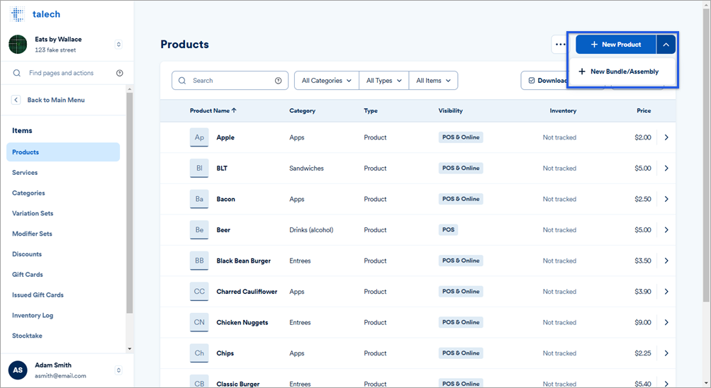 Products dashboard with new bundle/assembly button highlighted.