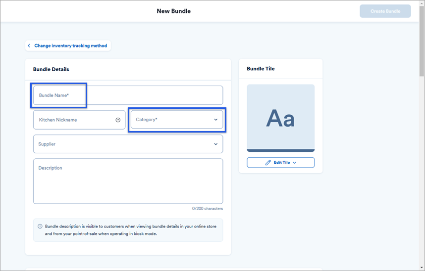 New bundle/assembly menu with detail fields highlighted.