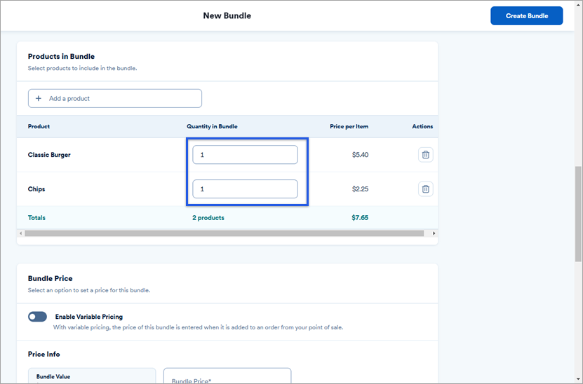 New bundle menu showing the products section with products added.