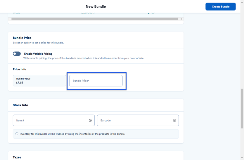 New bundle menu showing the pricing section with price field highlighted.