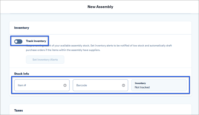 New assembly menu showing the inventory and stock info sections.
