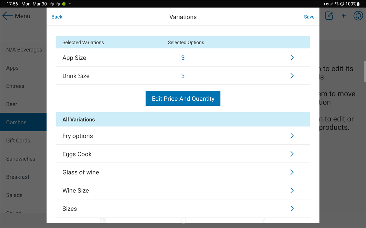 Variations options on new product menu.