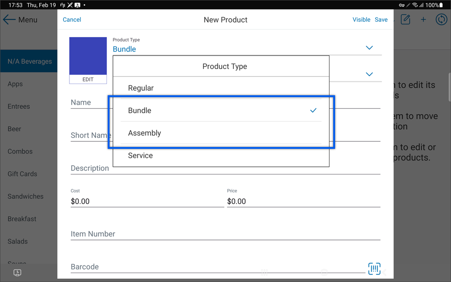 new product screen and product type dropdown field.