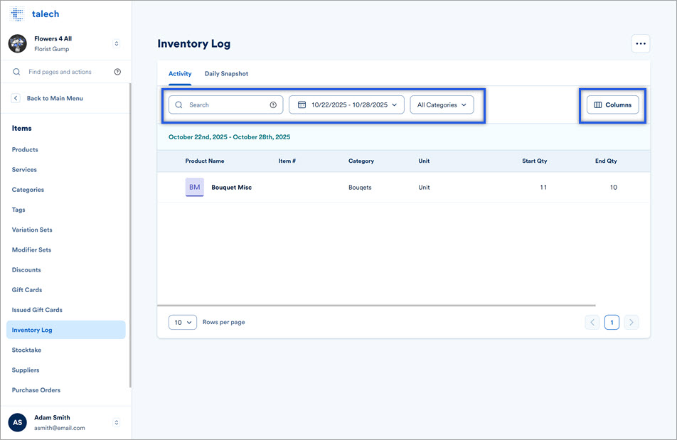 Inventory Log on the Dashboard on Web