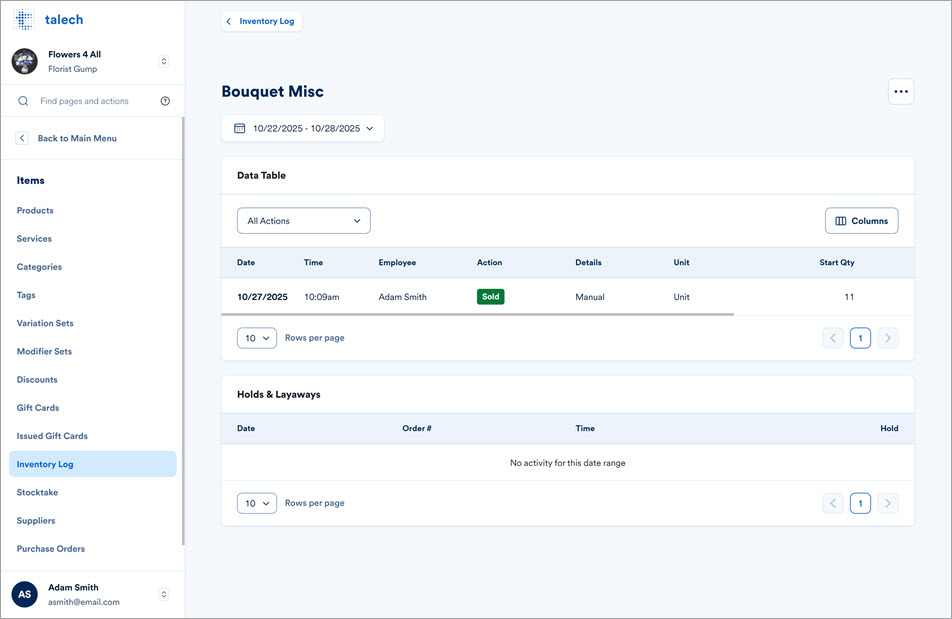 Inventory Log on the Dashboard on Web
