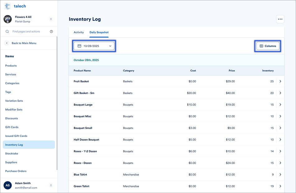 Inventory Log on the Dashboard on Web